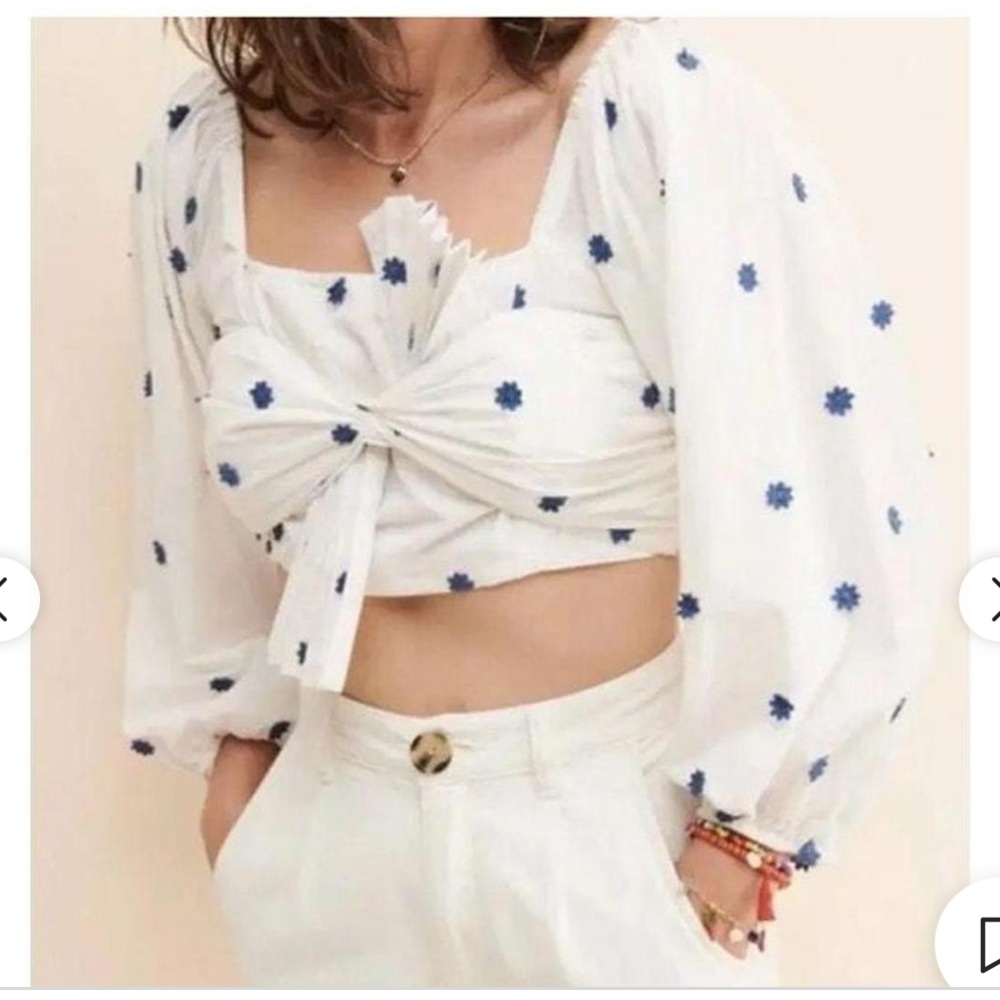 FARM Rio Cream Tie Front Crop Blouse